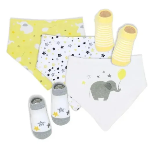Rose Textiles - Conjunto de 5 babadores e meias, elefante amarelo