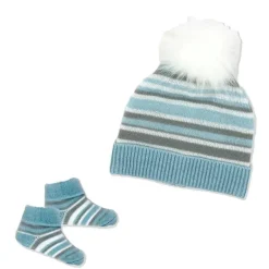 Rose Textiles - Conjunto de gorro e botinha listrado azul para bebê menino