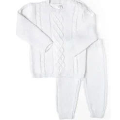 Rose Textiles - Conjunto de suéter de bebê de malha de cabo, branco