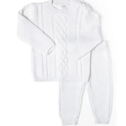 Rose Textiles - Conjunto de suéter de bebê de malha de cabo, branco