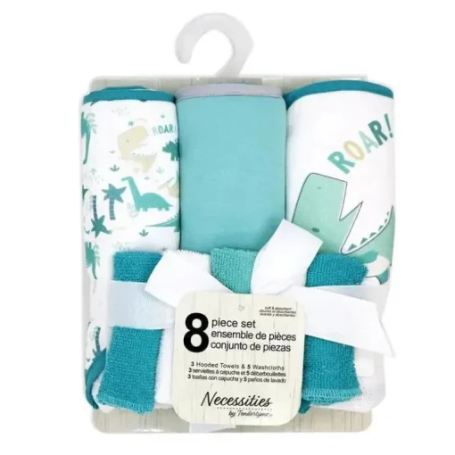Rose Textiles - Conjunto de banho de 8 peças - 5 toalhas com capuz e 3 panos de rosto, Dino
