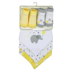 Rose Textiles - Conjunto de 5 babadores e meias, elefante amarelo