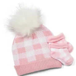Rose Textiles - gorro e sapatinhos de pele sintética com xadrez de búfalo rosa