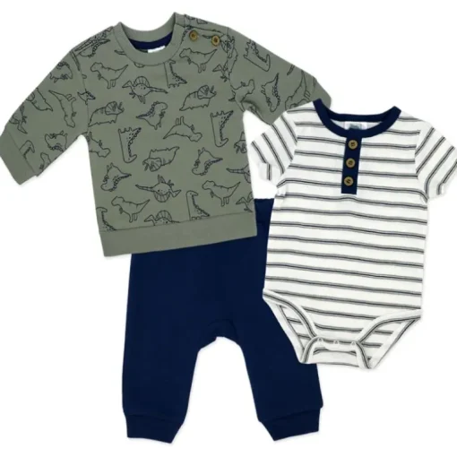 Rose Textiles - 3Pk Baby Boys French Terry Set, Dinosaur Green