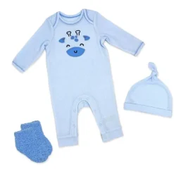Rose Textiles - 3Pk Boys Waffle Coverall Set, Giraffe Blue