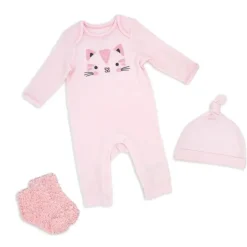 Rose Textiles - 3Pk Girls Waffle Coverall Set, Kitty Pink