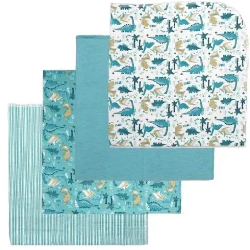 Rose Textiles - 4Pk Receiving Blanket Teal Dino