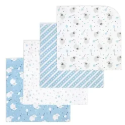 Rose Textiles - 4Pk Receiving Blanket, Blue Elephant & Balloon