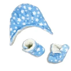 Rose Têxteis - Baby Boy All Over Print Chapéu de Pelúcia e Conjunto de Botinhas, Azul