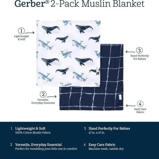 Roupa de cama Gerber - manta de musselina 2Pk, baleia