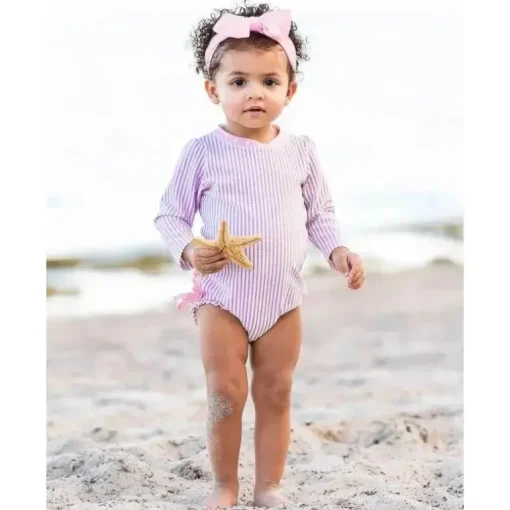 RuffleButts - Baby Girl Seersucker One Piece Rash Guard, Lilás