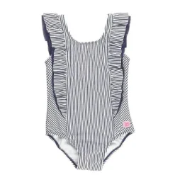 RuffleButts - Baby Girl Stripe Waterfall One Piece, azul marinho