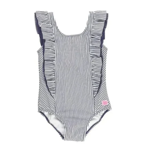 RuffleButts - Baby Girl Stripe Waterfall One Piece, azul marinho