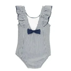 RuffleButts - Baby Girl Stripe Waterfall One Piece, azul marinho