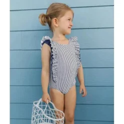 RuffleButts - Baby Girl Stripe Waterfall One Piece, azul marinho