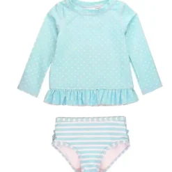 Rufflebutts - Biquíni Tropical Breeze Heart Polka Manga Longa Rash Guard, Azul