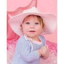 Rufflebutts - Chapéu de natação reversível com bolinhas e listras rosa