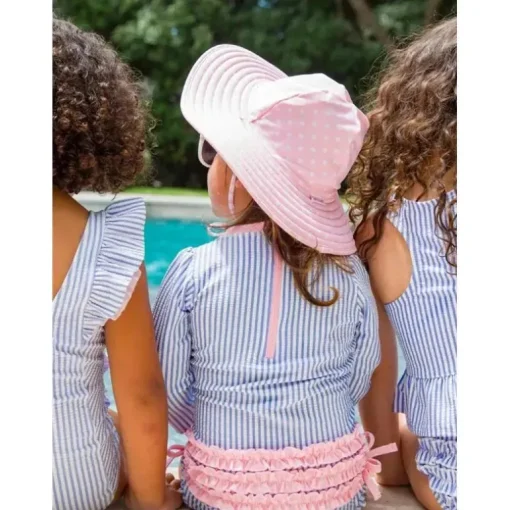 Rufflebutts - Chapéu de natação reversível com bolinhas e listras rosa