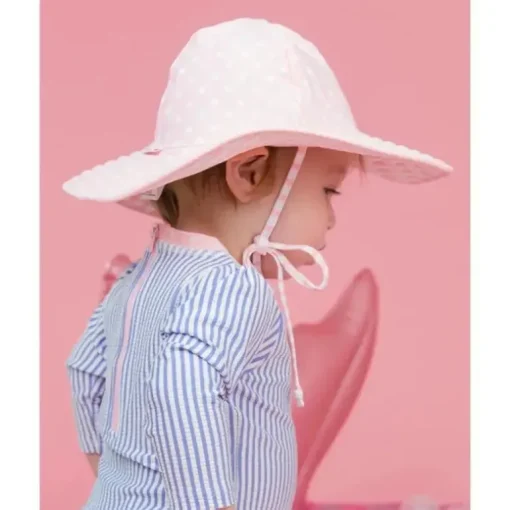 Rufflebutts - Chapéu de natação reversível com bolinhas e listras rosa