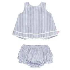 RuffleButts - conjunto de top e flor de bebê azul Seersucker Ric Rac Swing
