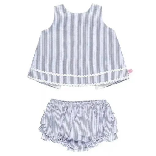 RuffleButts - conjunto de top e flor de bebê azul Seersucker Ric Rac Swing