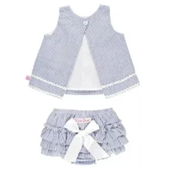 RuffleButts - conjunto de top e flor de bebê azul Seersucker Ric Rac Swing