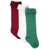 Rufflebutts - Pacote com 3 meias de babados na altura do joelho para meninas, cereja escuro, branco e vermelho verde abeto