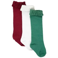 Rufflebutts - Pacote com 3 meias de babados na altura do joelho para meninas, cereja escuro, branco e vermelho verde abeto