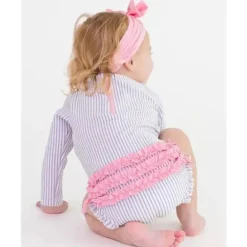 Rufflebutts - Rash Guard de manga comprida lavanda Seersucker para meninas, peça única, roxo