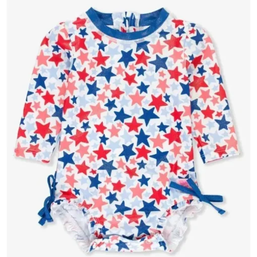 Rufflebutts – Shimmer Star-Spangled manga comprida One Piece Rash Guard branco com estrelas