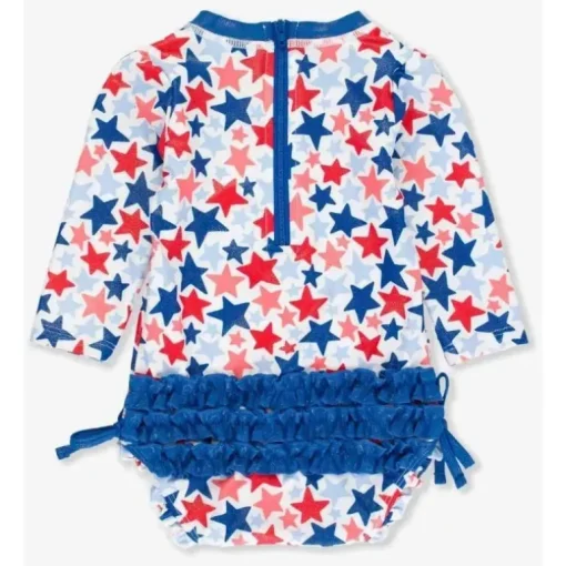 Rufflebutts – Shimmer Star-Spangled manga comprida One Piece Rash Guard branco com estrelas