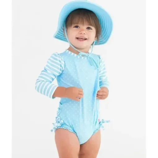 Rufflebutts - Tropical Breeze Heart Polka Dot Manga Longa Rash Guard, Azul