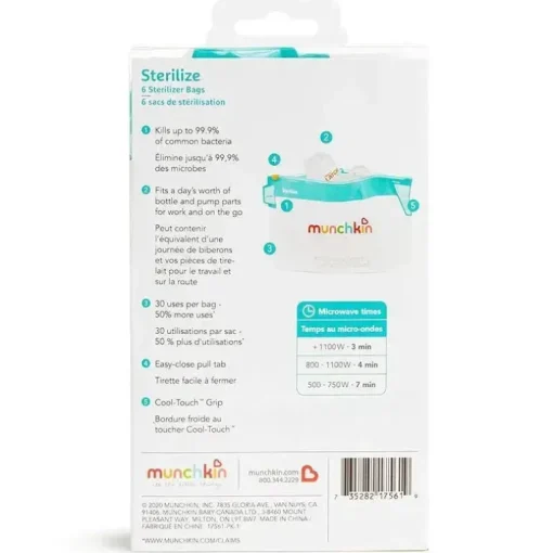 Sacos de esterilização de garrafa jumbo Munchkin, bolsas de esterilização de garrafa de microondas - 6 unidades, 180 usos