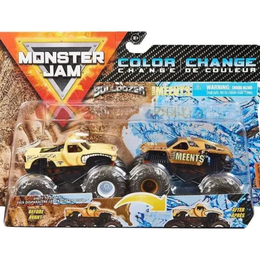 Spin Master Monster Jam, Monster Trucks Die-Cast que mudam de cor 2-Pack, 1:64 Scale Bulldozer vs Team Meents (estilos podem variar)