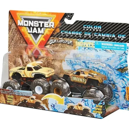 Spin Master Monster Jam, Monster Trucks Die-Cast que mudam de cor 2-Pack, 1:64 Scale Bulldozer vs Team Meents (estilos podem variar)