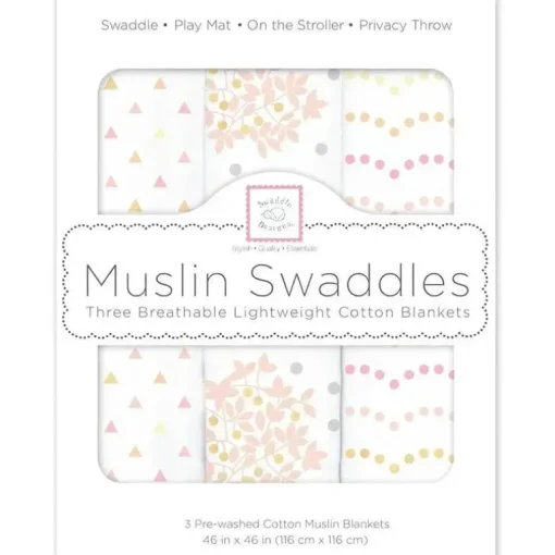 Swaddle Designs – 3Pk mantas de musselina, florais com brilho dourado