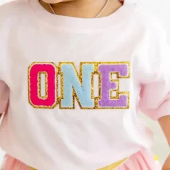 Sweet Wink – Camiseta de manga curta com patch de primeiro aniversário para crianças