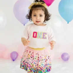 Sweet Wink – Camiseta de manga curta com patch de primeiro aniversário para crianças