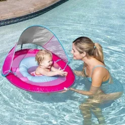 Swimways Baby Spring Float Com Canopy Upf 50 Em Rosa | Flutuador de piscina para bebês