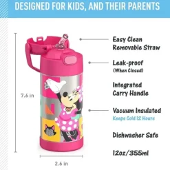 THERMOS - Garrafa de canudo de aço inoxidável com isolamento a vácuo de 12 onças, Minnie Mouse