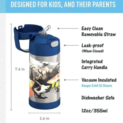 THERMOS - Garrafa de canudo de aço inoxidável com isolamento a vácuo de 12 onças, Jurassic World