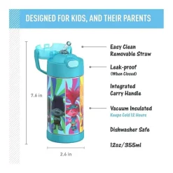 THERMOS - Garrafa de palha de aço inoxidável com isolamento a vácuo de 12 onças, Trolls 3