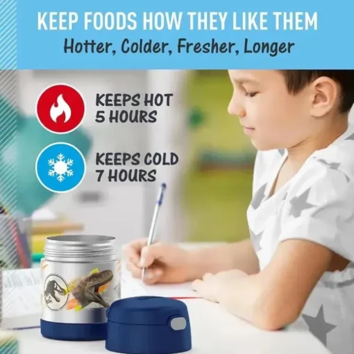 THERMOS - Pote de alimentos com isolamento a vácuo de aço inoxidável com colher, 10 oz, Jurassic World