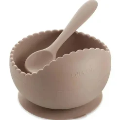 Tigela de sucção e colher Ali + Oli (Taupe) Borda ondulada