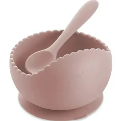 Tigela e colher de sucção Ali + Oli (blush) borda ondulada