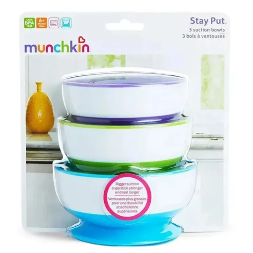 Tigelas de sucção Munchkin Stay Put, cores sortidas, pacote com 3