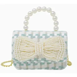 Tiny Treats - Tweed Pearl Handle Bow Purse, Blue