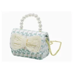 Tiny Treats - Tweed Pearl Handle Bow Purse, Blue