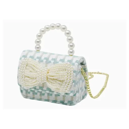 Tiny Treats - Tweed Pearl Handle Bow Purse, Blue