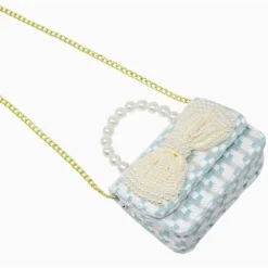 Tiny Treats - Tweed Pearl Handle Bow Purse, Blue